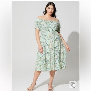 Torrid Midi Challis Off The Shoulder Dress -Floral Green